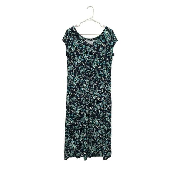 J.Jill Dresses & Skirts - J. Jill Pleated V-Back Maxi Dress Blue Floral Paisley Small Cap Sleeves Stretch